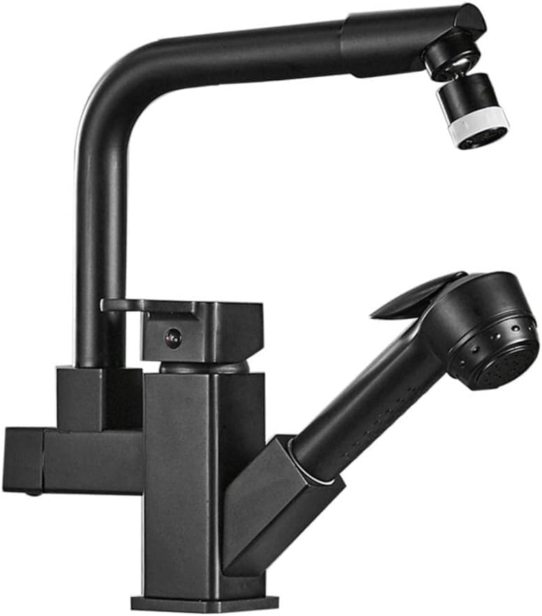 キッチン用蛇口 引き出し式スプレー付き ブラック真鍮製蛇口 伸縮式スプレーガン 回転式温水・冷水対応 多機能ミキサー蛇口 キッチンシ