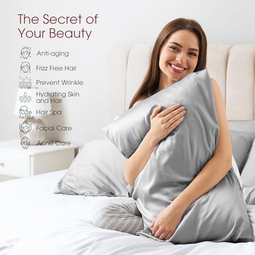 Image of 100% Silk Pillow Cases 2 Pack Queen Size Mulberry Silk Pillowcase for Hair and Skin Set of 2 Highest Grade 6A Silk Soft Breathable Cooling with Hidden Zipper, Light Grey