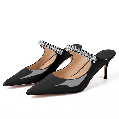 Image of XINIUNIU Heeled Mules for Women Rhinestone Heels Pointed Toe Slip On 2.5 Inch Kitten Stiletto Closed Toe Sandals Dress Wedding Pump Shoes