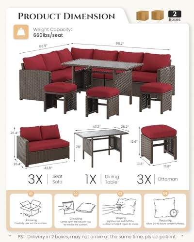 Image of U-MAX 7 Pieces Patio Furniture Set, Outdoor Sectional Sofa Conversation Set, All Weather Wicker Rattan Dining Table & Chair with Ottoman, Brown Rattan&Wine Red Cushion