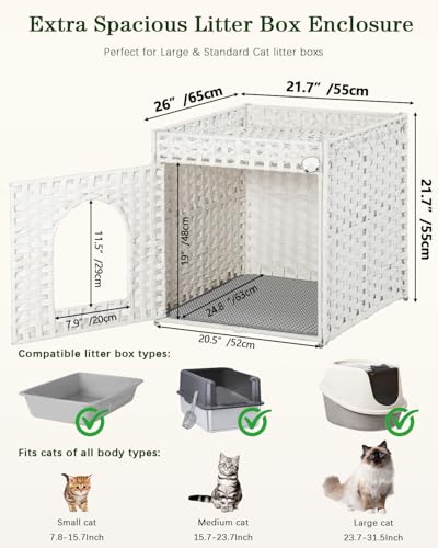 Image of SETVSON Cat Litter Box Enclosure Furniture, Large PE Rattan, White | Large PE Rattan Kitty House fits Large Litter Boxes, Top Fence, Included Litter Mat, 2 S-Hooks, Sturdy Metal Frame