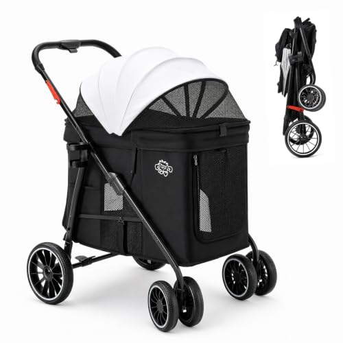 Image of Dog Stroller for Medium Dogs, 4 Wheels Pet Stroller for 2 Small Dogs or 1 Medium Dogs, Cat Stroller Up to 80 lbs, Dual Entry Design, Foldable Design, Sun Shades, Breathable Mesh, Black
