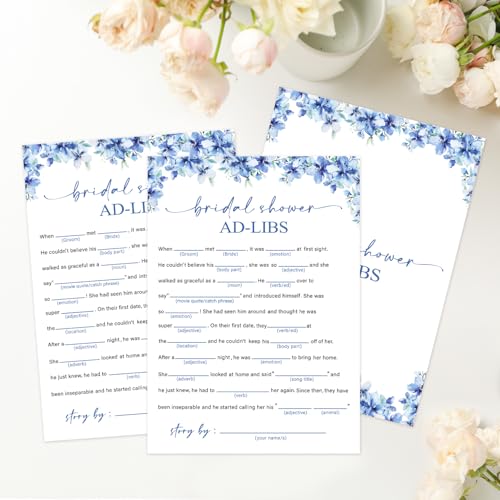 Image of Bridal Shower Ad-libs Games, 25 Blue Floral Bridal Shower Game Cards Set, Engagement Party Game for Guests, Wedding Games for Reception, Minimalist Marriage Party Supplies-13