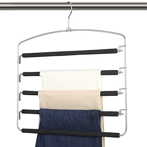 ECTY Pants Hangers 5 Layers Stainless Steel Non-Slip Foam Padded Swing Arm Space Saving Clothes Slack Hangers Closet Storage Organizer for Pants Jeans Trousers Skirts Scarf Ties Towels(Pack of 2)