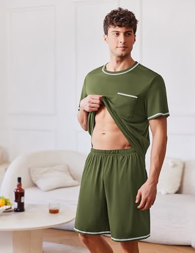 Image of Ekouaer Men's Pajamas Set Casual Short Sleeve Shirts and Shorts Soft 2 Piece Loungewear With Pockets