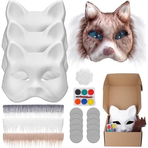 BUSOHA Therian Mask with Fur and Eye Mesh - 3PCS DIY Cat Mask Therian Masks to Paint and Felt Cover