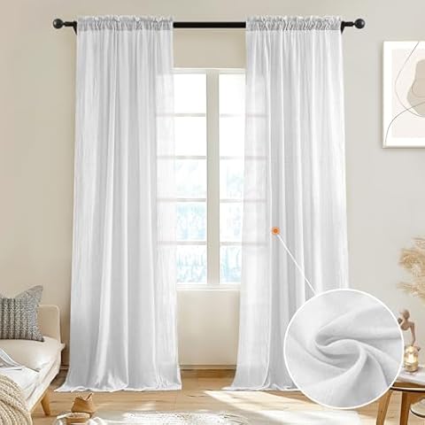 Melodieux White Cotton Sheer Curtains 84 Inches Long, Bedroom Living Room Natural Light Filtering Crepe Voile Drapes Rustic Crinkle Linen Sheer Curtains Rod Pocket, 52" W x 84" L, 2 Panels Cover