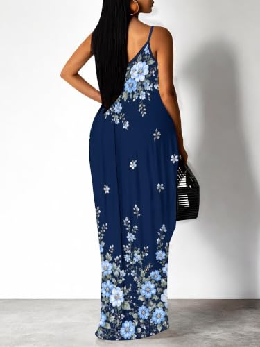Image of Women's Summer Maxi Dress Spaghetti Strap Floral Boho Beach Long Sundress with Pockets