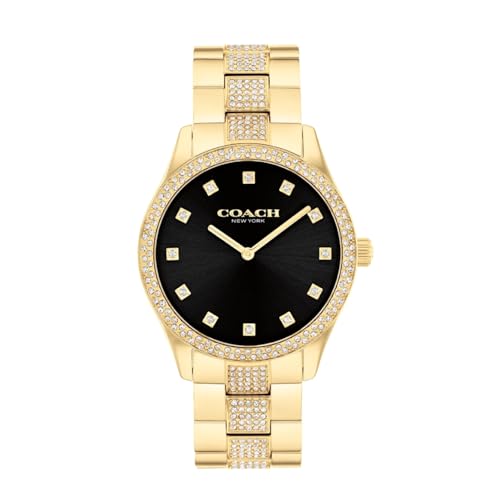 Image of Coach Brooks Qtz Basic Black Round Dial Unisex Watch|Ionic Plated Thin Gold Steel & Crystals Material|Gold Color Band - 14400035