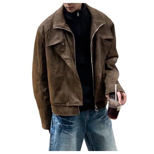 YCVAZXSZ Jaqueta Bomber de Camurça Sintética Masculina Vintage Solta Fashion Gola Dupla Zíper Casual Motociclista Streetwear,Brown,XL