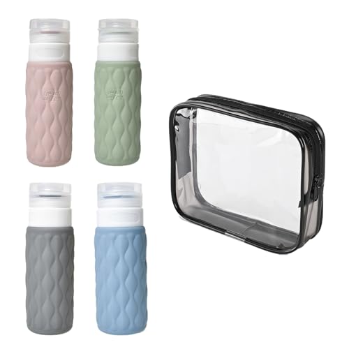 Sicheii 4 Pack 100 ml Silicone Travel Bottles for Toiletries with Storage Bag Leakproof Travel Size Squeeze Lotion Bottle