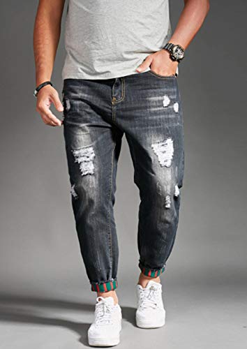chouyatou Men's Casual Distressed Style Tapered Leg Harem Jogger Jeans Crop Denim Pants4