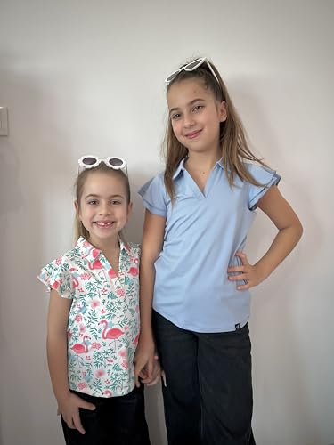 Image of Soneven Girls Ruffle Sleeve Polo Shirts V-Neck Golf Tennis T-Shirts Uniform Shirts Quick Dry for 4-14 Years