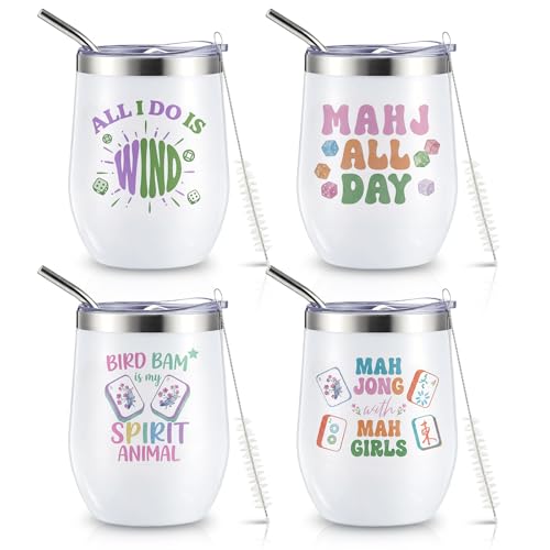 Patelai 4 Pack Mahjong Gift for Women Stainless Steel Wine Tumbler Cups with Lids and Straws 12oz Insulated Travel Coffee Mugs Gifts for Mahjong Lover Mother Birthday Party Game Night(Classic)