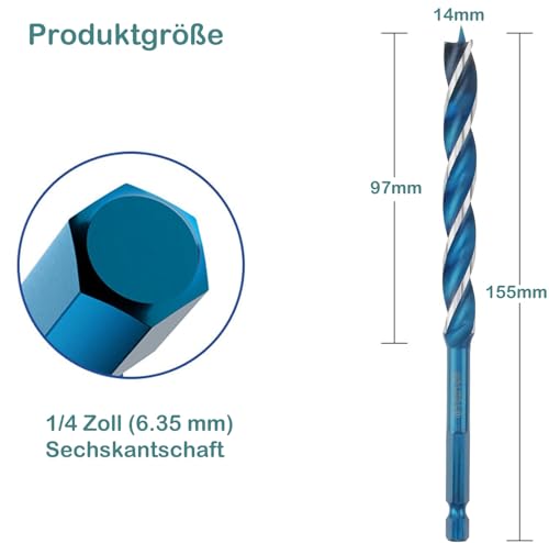 KEWAYO Profi Holzbohrer, 8-22mm Holzbohrer Bohrer,Schneckenbohrer Selbstvorschub Stahl Schlangenbohrer für Holzbearbeitun ﻿ (14mm)