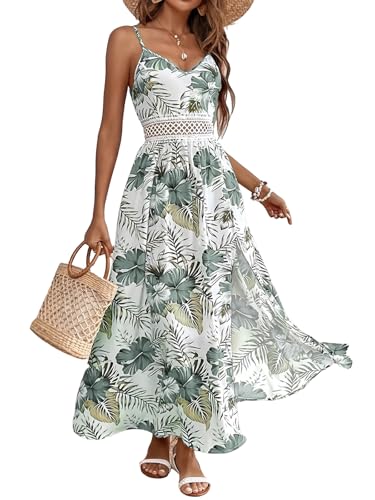 Women's Spaghetti Straps Floral Maxi Dress Boho Summer Sleeveless V-Neck Flowy Dress for Beach Hawaii Vacation