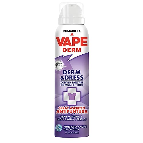 Vape Vape Spray Derm & Dress 100ml, Spray Repellente Zanzare e Altri Insetti, Applicabile anche solo sui Vestiti, Non Macchia i tessuti