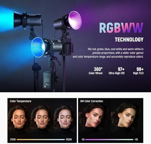 Image of NEEWER MS60C LED Video Light RGBWW Control 2.4G /App, 65W Mini RGB COB Continuous Light, 2700K-6500K, 8300lux /1m, CRI97+, 17 Effects, Manual Bowens Focus for Studio Photography Recording