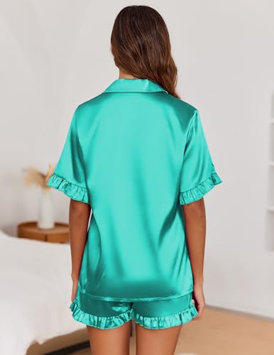 Image of Ekouaer Satin Pajama Set for Women Button Down Silk 2 Piece Pj Sets Ruffle Short Sleeve Sleepwear,Turquoise,S