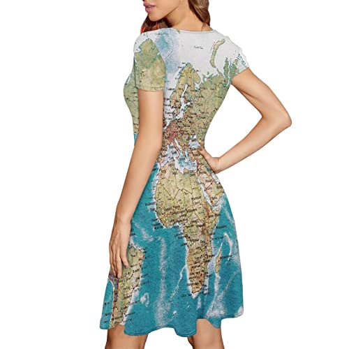 Image of POLERO Women Puffy Swing Elegant Party Midi Dresses Short Sleeve Round Neck A-Line Dress