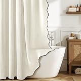 MIULEE Linen Scalloped Shower Curtain with 12 Metal Hooks Boho Farmhouse Cute Heavy Duty Washable Waterproof Thick Cloth Shower Curtains with Black Border for Bathroom Hotel Bathtub,W72*L72, White