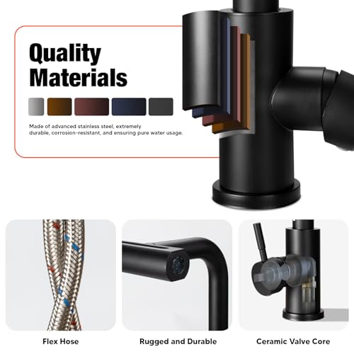 Virklyee Wasserfall Küchenarmatur Ausziehbar 360° Drehbar Spültischarmatur Wasserhahn Ausziehbar mit Brause 4 Modus,Edelstahl (Schwarz)