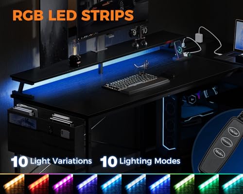Coleshome L Shaped Gaming Desk with LED Lights, 120 × 80 cm Computer Desk with Power Outlet, Reversible Corner Gaming Table with Storage Shelves & Monitor Stand, Black - Image 5
