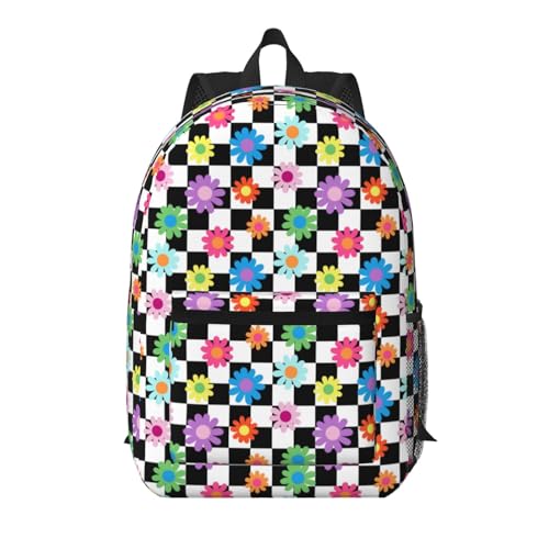 Colorful Rainbow Daisy Black White Checker Fashionable Daypack 17 Inches Zippers Backpack Double Shoulder Bag for Women Men