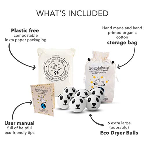 Friendsheep Wool Dryer Balls 6 Pack Xl Organic Premium Reusable Cruelty Free Handmade Fair Trade No Lint Fabric Softener - Panda Pack #TOP3