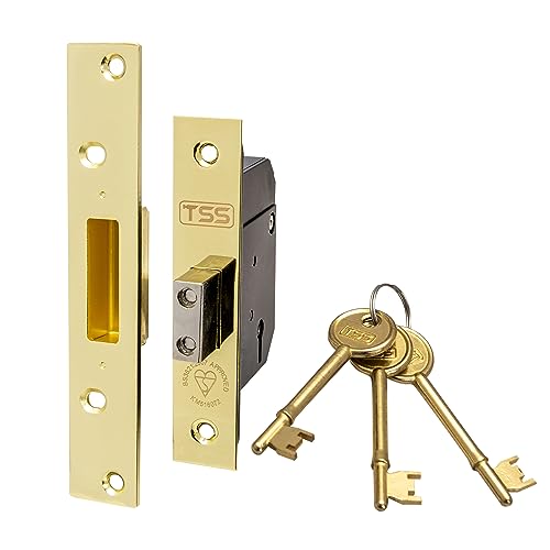 TSS High Security 5 Lever British Standard Mortice Deadlock with 3 Keys and Fixings, 2.5 (68mm) Polished Brass, Insurance Approved for External Doors, British Standard BS3621:2007
