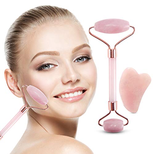 Rose Gold Jade Roller and Gua Sha Tools Set - Anti Aging Rose Quartz Roller Massager - 100% Real Natural Jade Roller for Face, Eye, Neck - Beauty Jade Facial Roller for Slimming & Firming