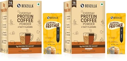 Image of Bevzilla Everyday Protein Coffee Sachets & Rechargeable Frother | Assorted 4 Flavour | 5 g Protein per Serve | 16 Sachets Pack | 3-Speed Electric Frother with Type-C Fast Charging (Pack of 2)