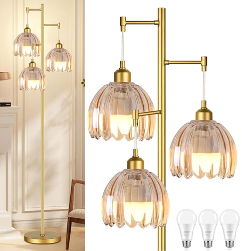 Image of QIYIZM Gold Floor Lamp for Living Room,Bedroom,Tree 3 Light Standing Lamp Mid Century Modern Brass Tall Floor Lamps Vintage Retro Floor Lights Glass Flower Amber Lamp Shade Farmhouse Boho Bohemian