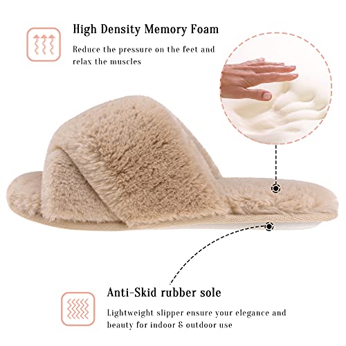 VONMAY Women's Fuzzy Slippers Cross Band Faux Fur Open Toe House Shoes - image 4
