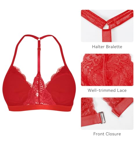 Image of SHEKINI Women's Embroidered Triangle Bra Front Closure Plunge Wireless Lightly Lined Lace Bralette Top