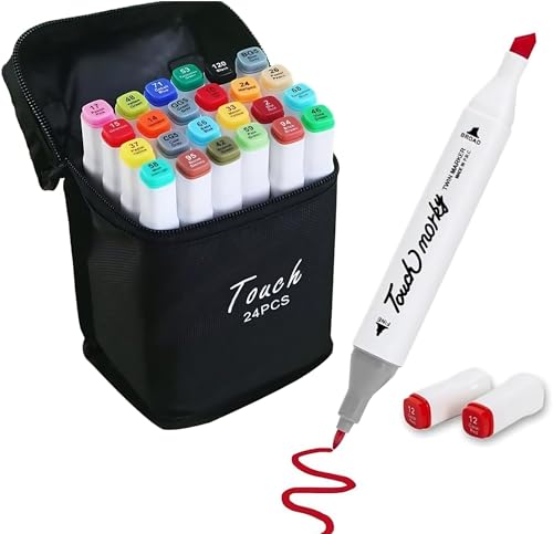 Conjunto de Canetas Marcador Permanente Canetinhas para Colorir Touch com Ponta Dupla Desenhos Profissional e Escolar com Duas Pontas Hidrográficas com Estojo para Transporte Colorir 24
