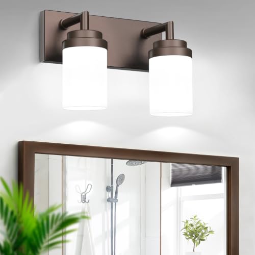 Image of Bathroom Light Fixtures, Oil Rubbed Bronze Bathroom Lighting Fixtures Over Mirror, Modern Vanity Light with White Glass Shade, Restroom Lighting Fixtures, 2-Light 13-inch