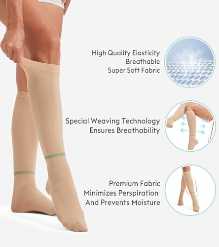 Image of Anti Embolism Compression Stockings 15-20mmHg, Knee High & Thigh High Ted Socks with Inspection Hole, Graduated Support Hose for Women Men, Swelling Relief, Walking, Office Work, Beige M