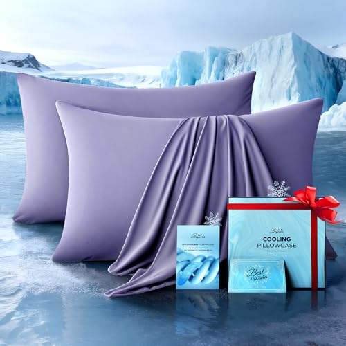 Ultra-Chill Cooling Pillowcase Set of 2 for Hot Sleepers, Softer Than Silk Pillow Cases for Protecting Hair & Skin, Breathable Bed Pillow Covers w/Zipper, Gifts for Women Men(Purple, Queen)