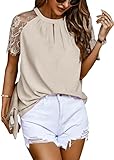 Angashion Women's Summer Tops Casual Lace Short Sleeve Cut Out Crewneck Loose Solid Tunic T Shirt Blouse Beige S