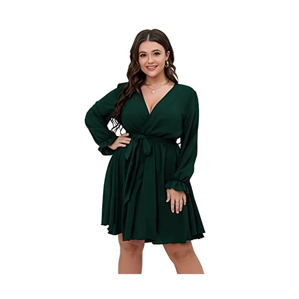SCOMCHIC-Womens-Plus-Size-Long-Sleeve-Wrap-V-Neck-Tie-Waist-A-Line-Mini-Short-Dress SCOMCHIC Women's Plus Size Dress V Neck Long Sleeve Casual Short Mini Dress Emerald Green Wedding Party Dress 2XL
