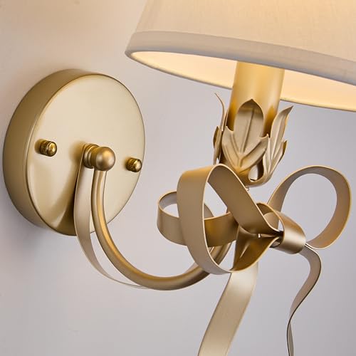 Image of Gold Brass Sconces Wall Decor Set of 2, Bow Wall Scones Set of Two with Fabric Shades, Modern Bedside Wall Lights Fixtures for Bedroom, Girls Room, Hardwired