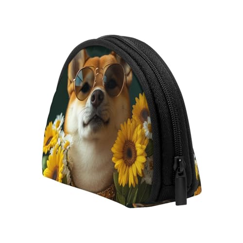 Portable Coin Purse Hipster-Shiba-Inu-Sunflower Mini Zippered Money Pouch Card Holder4