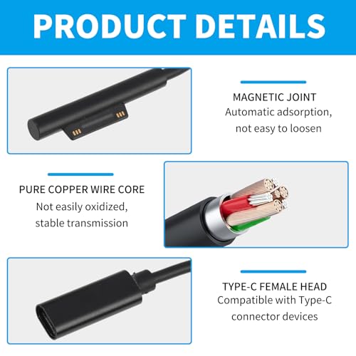 Tuwonwa Surface auf USB C Ladekabel, 20 cm, Type C Buchse zu Magnet Ladeanschluss Adapter, Adapter Konverter für Notebook Tablet mit Magnetanschluss, kompakt & tragbar, kompatibel mit Surface-Serie
