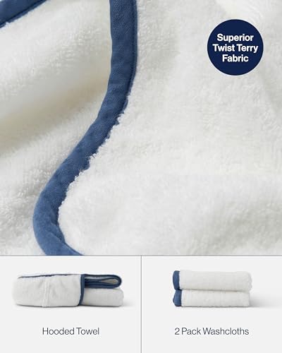 Image of Lalo The Hooded Towel & Washcloth Set, 100% Organic Cotton, Soft on Sensitive Skin, Durable & Absorbent, Machine Washable, Includes One Baby Towel and Two Washcloths - Blueberry