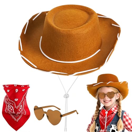 AUYAO Child Cowboy Hat Cowboy Western Hat Wide Brim Western Cowgirl Hat with Paisley Bandanna Heart Sunglasses Cowboy Ranger Sheriff Fancy Dress Costume Accessory for Halloween World Book Day(Caramel)