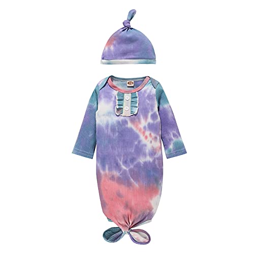 Image of BASKOPA Baby Knotted Sleeper Gown Unisex Boys Girls Sleepsuits with Mitten Cuffs and Matching Hat Baby Coming Home Outfit