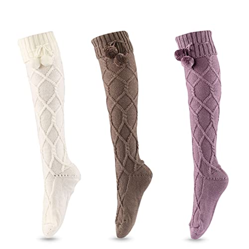Chaussettes hautes en tricot au-dessus du genou pour femme et fille - Chaussettes d'hiver en tricot torsadé au-dessus du genou, Blanc, marron, violet, taille unique Cover
