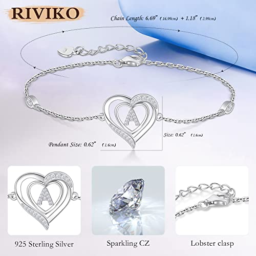 Riviko Heart Initial Bracelets For Women, 925 Sterling Silver Dainty Letter A Bracelets , Personalized A Initial Charm Alphabet Jewelry Valentines Christmas Anniversary Mother's Day Birthday Graduation Gifts For Women Girls Her Mom Wife Lady #TOP4
