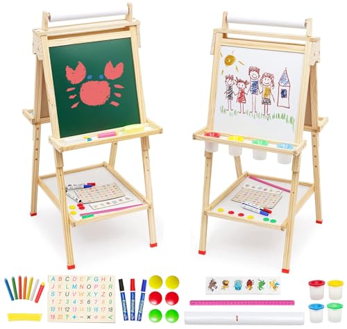 Lavagna per Bambini 3 in 1 Cavalletto in Legno Pittura in Regolabile Altezza, Lavagna Doppia Faccia, Lavagnas Multiattività con Rotolo di Carta, Numeri e Altri Accessori, Giocattolo Educativo 3+ Anni